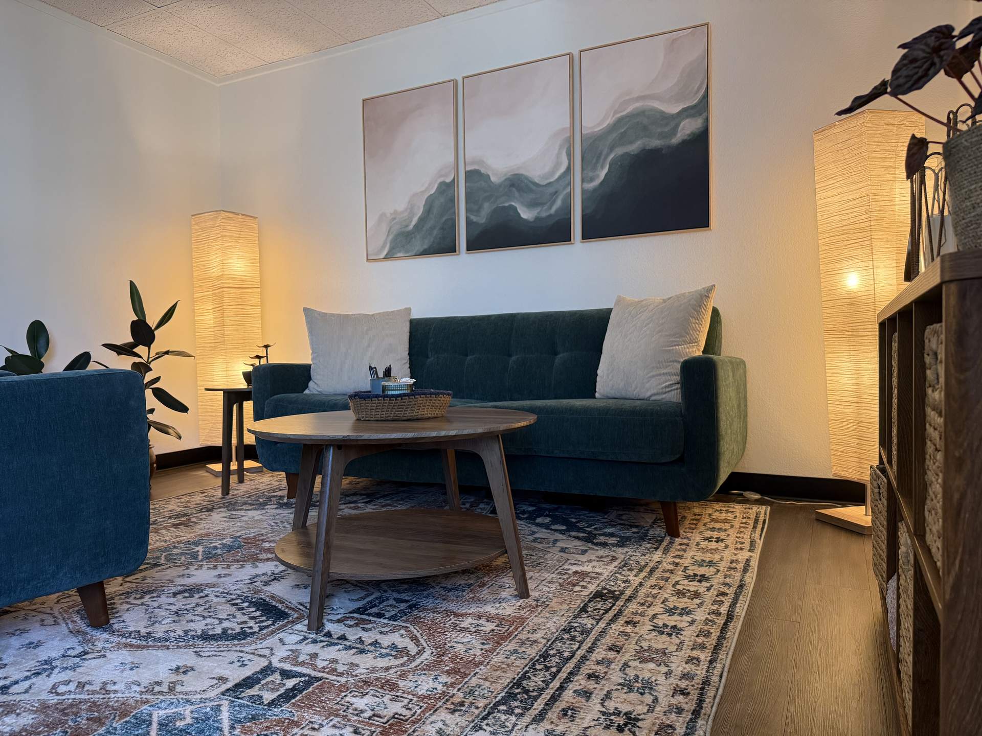 Vera McGrath's inviting therapy office in Carlsbad, CA
